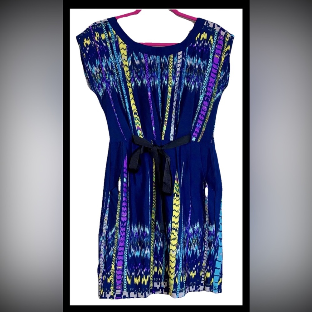 BeBop Fit & Flare Dress Womens Large Geometric Belted Dolman Y2K Boho Cottage - Picture 2 of 10